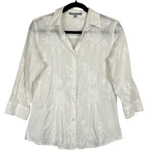 Foxcroft Embroidered Button-Up Top Women’s Size 6 White Semi-Sheer Floral Shirt